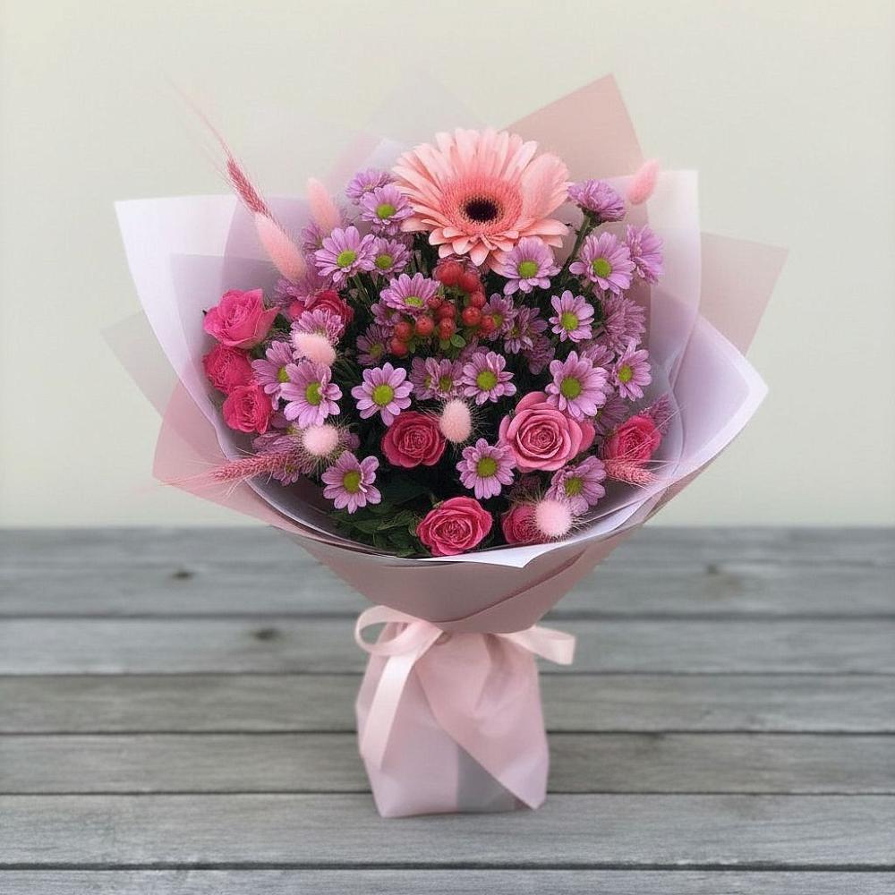 Букет цветов из: Розы, Герберы и Хризантемы в Ягодное