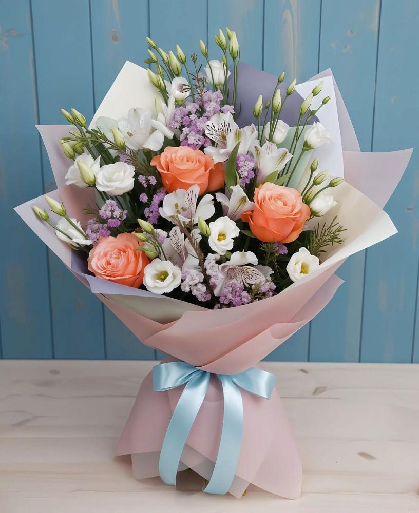 Букет цветов из: Лизиантусы, Розы, Альстромерии и Гипсофила в Ягодное